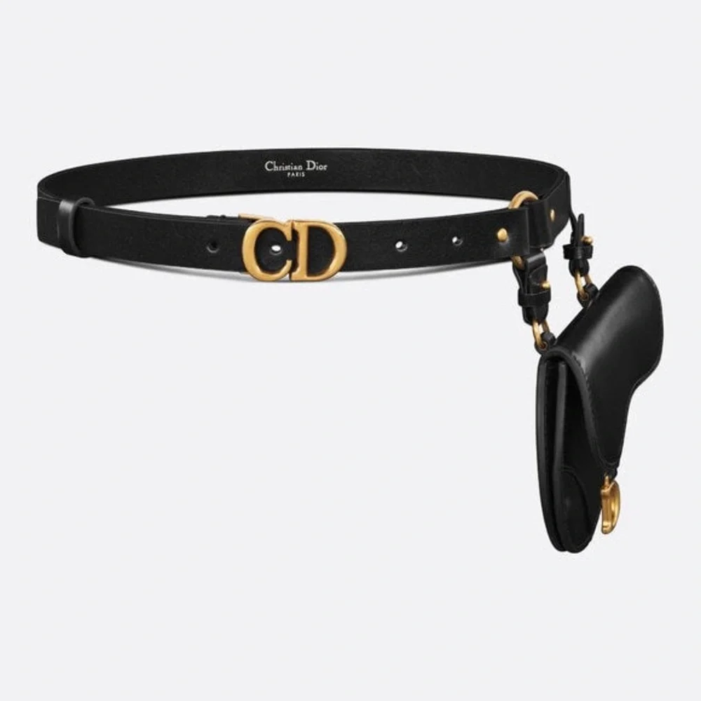 Christian Dior saddle Black Leather logo Belt with Gold Sz 85
